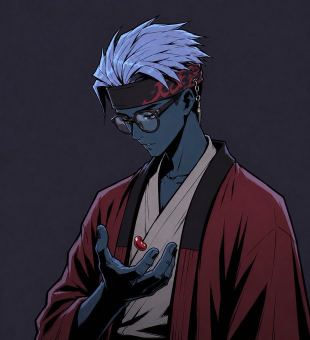 An anime-style illustration of a character with spiky white hair, glasses, a red headband with markings, and a red kimono-like garment, holding out a hand with a small red orb.