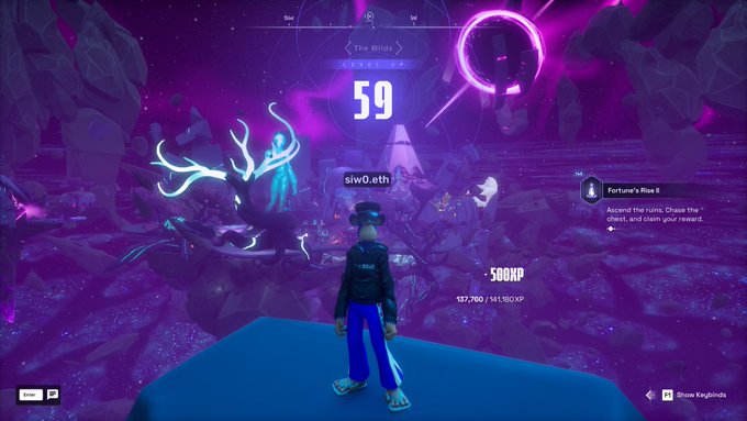 The image shows a person standing on top of a platform with a blue background, wearing a black jacket and blue pants. The player has missed several days while traveling through the game world but made it to level 59. They are also described as having spotted a group of people in the distance who appear to be rocking jerseys.