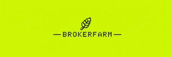 A logo graphic on an olive-green background showing a stylized wheat/grain icon with the text "BROKERFARM" underneath.