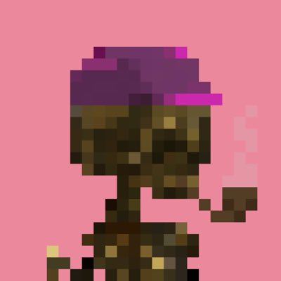 A pixel art illustration of a character with purple hair and an eyepatch smoking a pipe against a pink background.