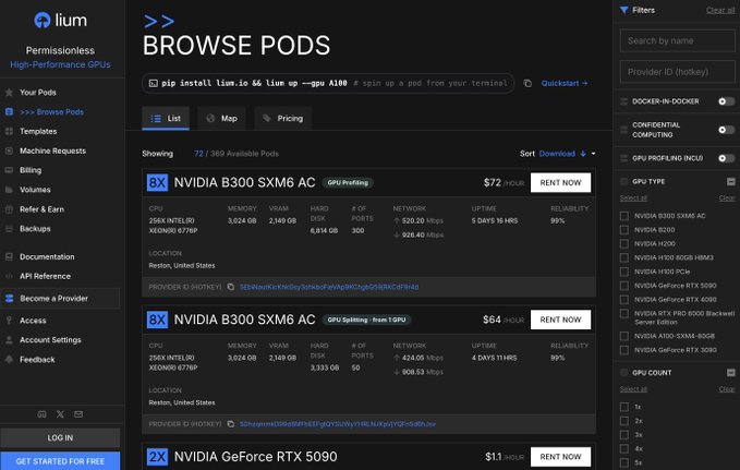 The image shows the "Browse Pods" page of Lium.io, a permissionless high-performance GPU rental marketplace, displaying available compute resources like NVIDIA B300 SXM6 AC and NVIDIA GeForce RTX 5090 starting at $64–$72/hour. The screenshot supports the post's claim about Bittensor's role as a decentralized "raw iron" layer, illustrating how the platform aggregates a global network of GPU providers (e.g., "68K GPUs," "Reston, United States") for low-cost, accessible machine rental.