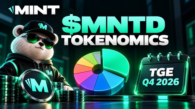 A stylized bear mascot in sunglasses poses beside stacks of MNTD coins, a colorful token allocation pie chart, and a calendar displaying "TGE Q4 2026," visually reinforcing the post's preview of Mint's $MNTD tokenomics breakdown, including the 1 billion total supply and 30% community rewards allocation ahead of the Q4 2026 token generation event.