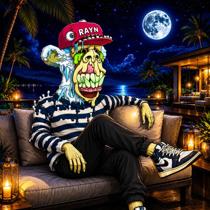 A cartoonish zombie-like ape character wearing a red "RAYN" cap, striped shirt, and Nike sneakers lounges on a couch by the ocean under a full moon, fitting the post's "good night, just me and the moon" vibe while nodding to the BAYC (Bored Ape Yacht Club) NFT aesthetic.