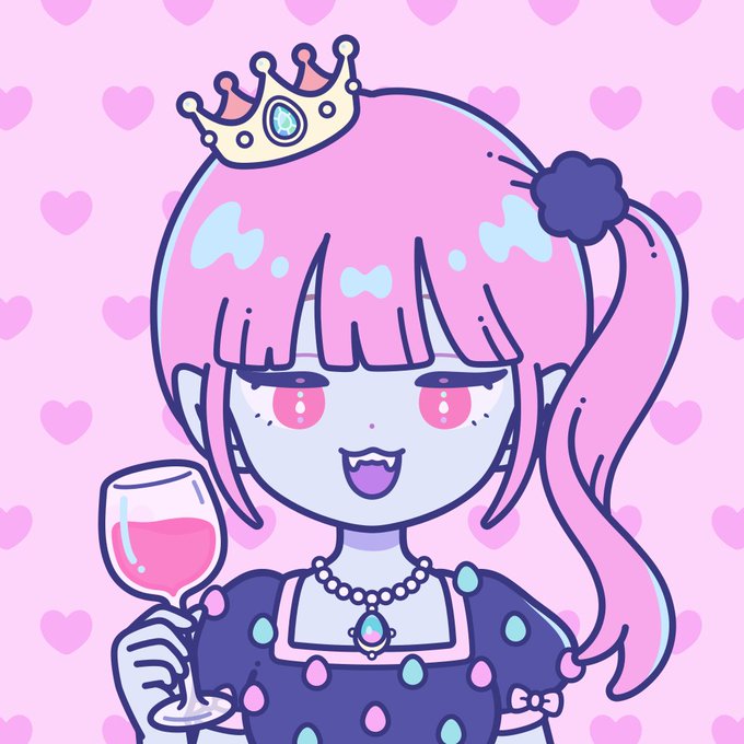 A cute anime-style vampire girl with pink hair, fangs, and a crown, holding a wine glass against a pink heart background.