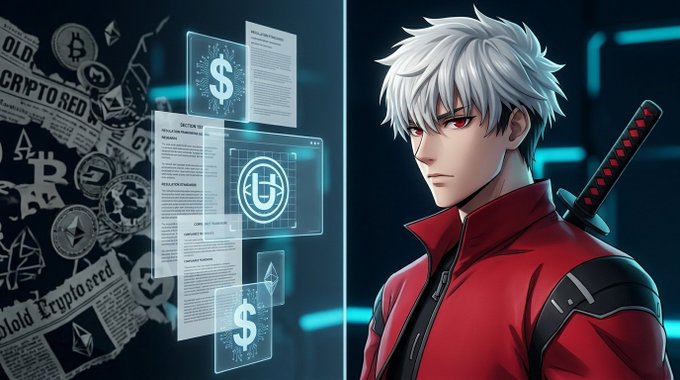 A split anime-style illustration showing a character with white hair, red eyes, a red jacket, and a sword on the right, alongside digital screens displaying crypto symbols like Bitcoin and Ethereum on the left.