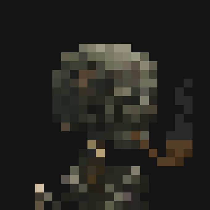 A heavily pixelated, mosaic-style image showing an indistinct figure or character against a dark background.