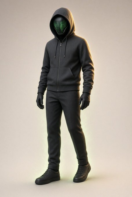 A 3D-rendered figure wearing an all-black tracksuit and sneakers, with a digital green face displayed on the hood against a plain light background.