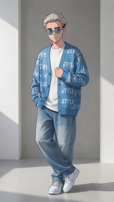 An anime-style illustration of a stylish young man with white hair and sunglasses, wearing a blue 'STYLE' cardigan, white shirt, baggy jeans, and white sneakers.