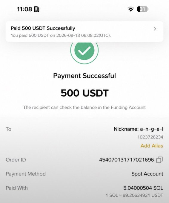 The image shows a Binance "Payment Successful" confirmation for 500 USDT, sent on 2026-09-13 at 06:08:02 (UTC) to UID 1023726234 (nickname "a-n-g-e-l"), paid from a Spot Account with 5.04000504 SOL at a rate of 1 SOL ≈ 99.20634921 USDT, supporting the post's claim of sending $500 to that UID.