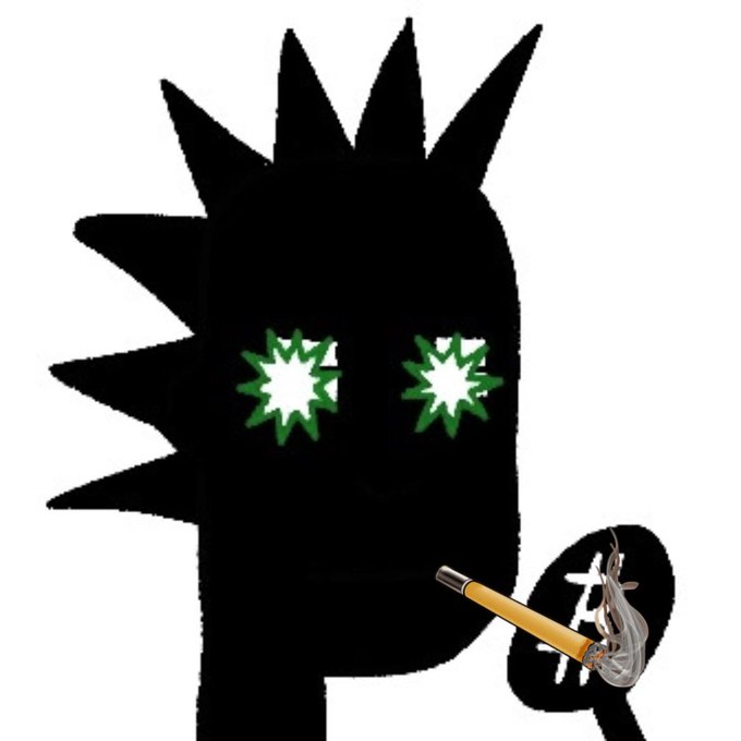A black silhouette illustration of a spiky character with green star-shaped eyes, holding a lit cigarette with a heart and crossbones symbol in the background.