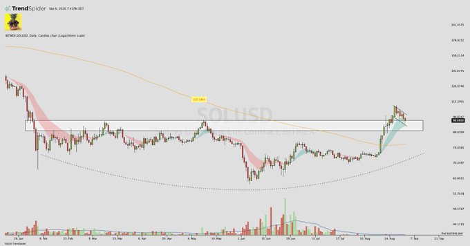 A financial candlestick chart titled "$TRX/USDT, Daily" from TrendSpider is displayed, showing the price action of TRON with an orange 200-period moving average, a key resistance zone marked at 0.325003, and volume bars at the bottom.