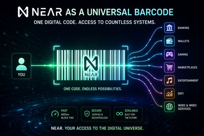 An infographic titled 'NEAR AS A UNIVERSAL BARCODE' with the tagline 'ONE DIGITAL CODE. ACCESS TO COUNTLESS SYSTEMS,' depicting a barcode connecting a user to banking, wallets, gaming, marketplaces, entertainment, DeFi, and Web3 services.
