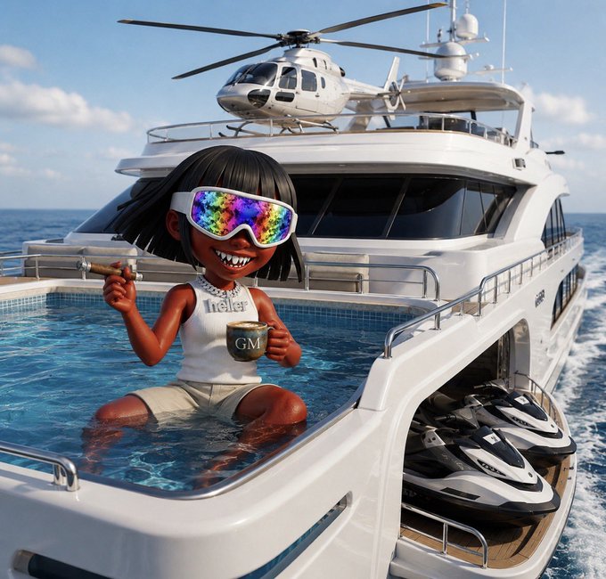 A surreal/AI-generated image of a cartoonish figure wearing a 'Melier' shirt and rainbow goggles sitting in a pool on a luxury yacht with a helicopter on top and jet skis stored below.