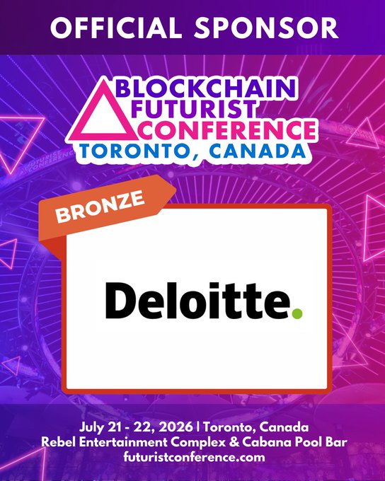 Official sponsor badge for Deloitte as a Bronze sponsor of the Blockchain Futurist Conference in Toronto, Canada, held July 21-22, 2026.