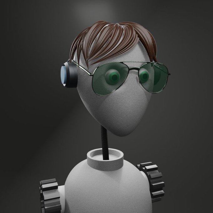 A stylized 3D-rendered robot character with brown slicked-back hair, green aviator sunglasses, and a textured gray finish poses confidently to promote a giveaway for TheAssembly_NFT, featuring details like 666 supply and 0.003 ETH price.