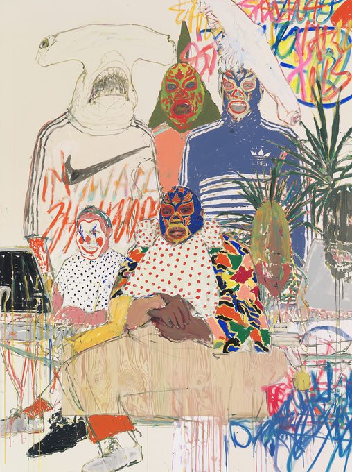 A mixed-media artwork shows figures wearing colorful Mexican wrestling masks alongside a shark-headed figure and graffiti-style text in the background.