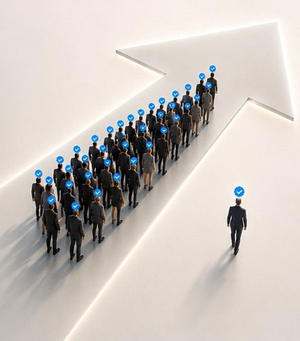 A 3D illustration shows a crowd of businesspeople with blue checkmarks above their heads following a large glowing arrow, while one individual walks in the opposite direction.
