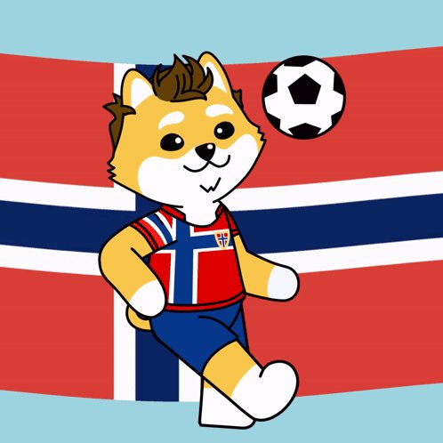 ikura, a cartoon character from Japan, stands on his hind legs with arms raised, wearing a red and blue soccer jersey against a red and white flag backdrop.