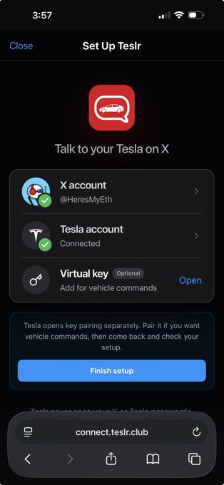 Mobile browser screenshot of a 'Set Up Tesla' page on connect.teslr.club, showing a connected X account (@HeresMyEth) and Tesla account, with an optional Virtual key setup and a 'Finish setup' button.
