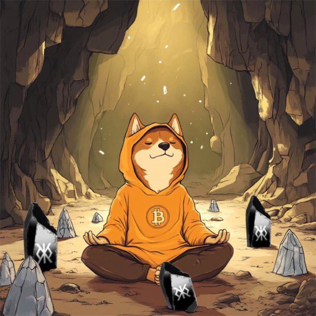 An illustration of a Shiba Inu dog wearing an orange Bitcoin-logo hoodie meditating in a lotus position in a cave, surrounded by crystals and black stones marked with cryptocurrency symbols.