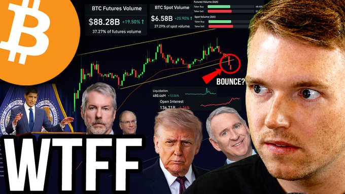 This thumbnail features a Bitcoin chart with a red circled candle marked "BOUNCE?", overlaid with images of Donald Trump, Michael Saylor, and other figures, alongside the text "WTFF" and Bitcoin's "B" logo. It visually represents the "Black Saturday Bitcoin Weekend Market Liquidation Trap" mentioned in the post.