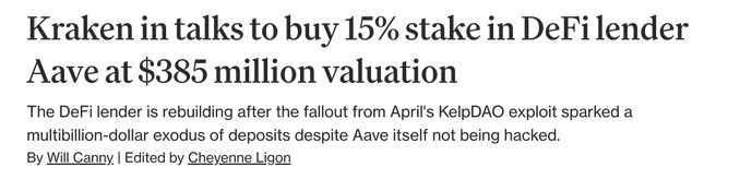 The image shows a news headline reading "Kraken in talks to buy 15% stake in DeFi lender Aave at $385 million valuation," with a subheading noting that Aave is rebuilding after April's KelpDAO exploit. This directly corresponds to the post's information about Kraken's proposed investment of 35,000 ETH for a 15% stake in Aave Group.