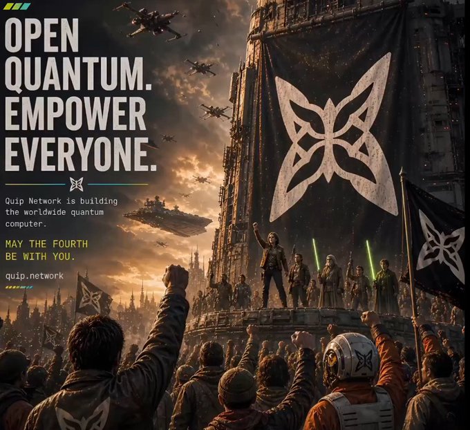 The image shows a poster that features people in a futuristic setting with a large butterfly-designed flag. The banner has a message saying "open quantum", indicating its theme or purpose. In this context, there are multiple individuals present who appear to be celebrating something related to the "decreased computing" aspect of the quote provided below the poster. This celebration appears to involve a group of people standing together and interacting with each other in front of an open butterfly flag, possibly symbolizing teamwork or unity. The overall scene conveys a sense of community involvement and the power of collective efforts in overcoming challenges related to technological advancements.