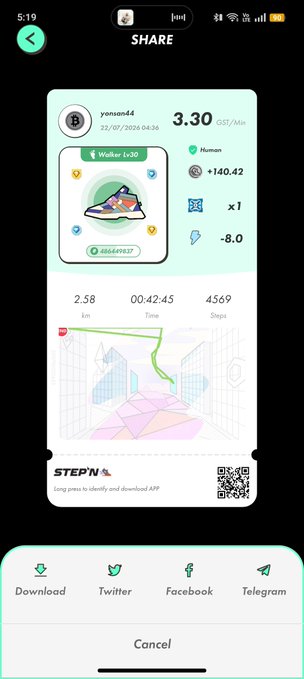 A mobile app screenshot showing a SHARE screen for a StepN-style fitness activity, displaying user 'yonasd44' and walker 'Walker Lv.20' with stats including 3.30 GSS/Min, +140.42, 2.58 km, 4569 steps, and a QR code for the STEPN app.
