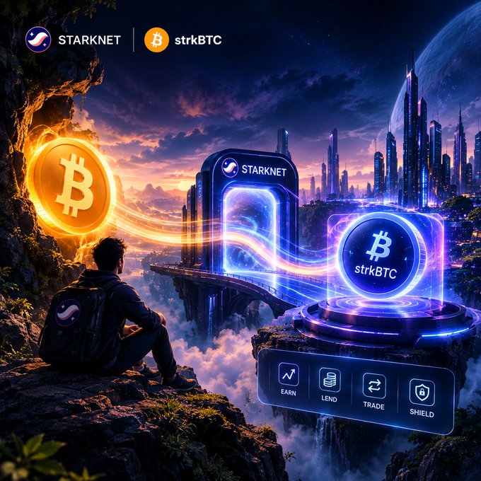 A promotional graphic for 'STARKNET' featuring 'strkBTC', showing a person gazing at glowing portals labeled 'EARN', 'LEND', 'TRADE', and 'SHIELD' against a futuristic cityscape.