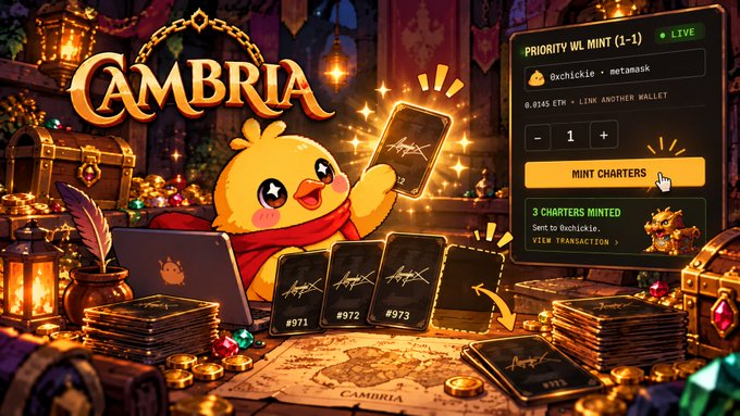 A colorful promotional image for 'CAMBRIA' featuring a yellow chick character at a laptop surrounded by treasure, with a 'PRIORITY WL MINT (1-1)' panel showing 'MINT CHARTERS' and NFT cards labeled #971, #972, #973.