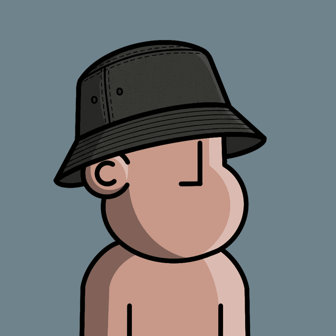 A cartoon illustration of a faceless character wearing a black bucket hat against a solid blue background.