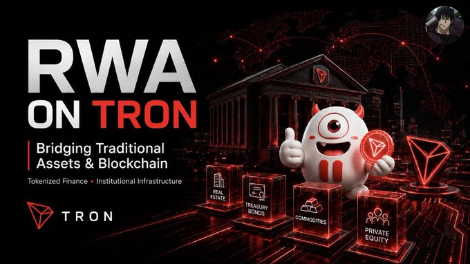 The image is a promotional graphic titled "RWA ON TRON" with the subtitle "Bridging Traditional Assets & Blockchain," featuring the TRON mascot holding a TRX coin in front of a classical building, surrounded by blocks labeled Real Estate, Treasury Bonds, Commodities, and Private Equity—visually reinforcing the post's message about TRON's expanding role in tokenizing real-world assets like Hamilton Lane's HLSCOPE private credit fund through Securitize.