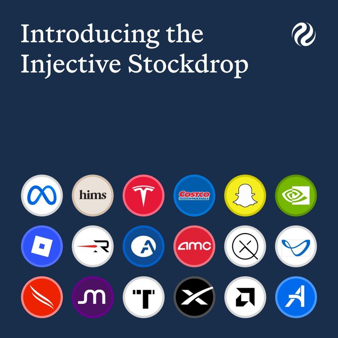An announcement graphic titled 'Introducing the Injective Stockdrop' with a dark blue background, displaying a grid of 18 circular logos representing various stocks and companies, including hims, Costco, Tesla, AMC, and Snapchat.