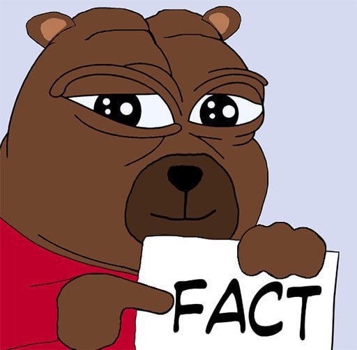 A cartoon illustration of a sad-looking brown bear wearing a red shirt, holding a white sign that reads 'FACT' in black lettering.