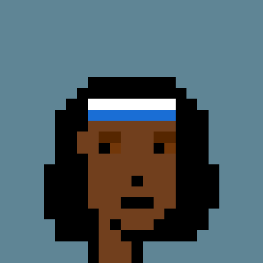 Pixel art portrait of a character with dark skin, black hair, and a blue and white headband against a teal background.