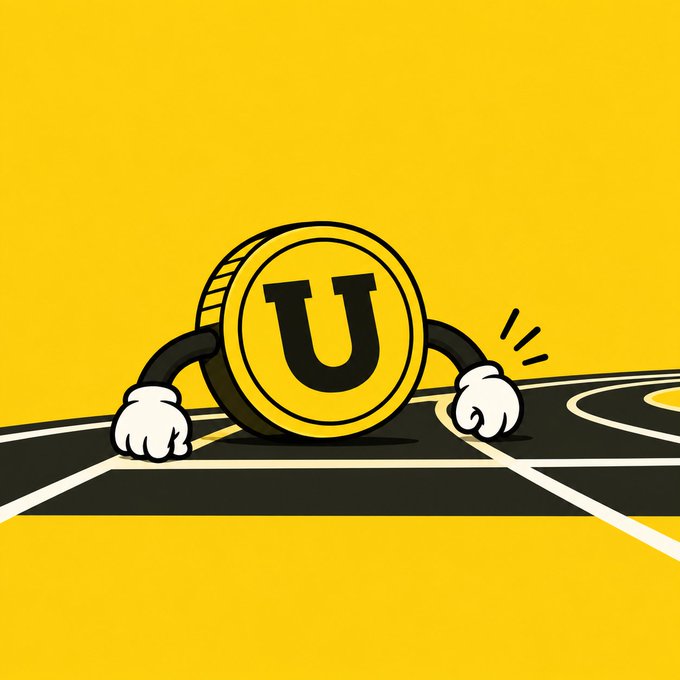 Cartoon illustration of a gold coin featuring the letter 'U' with cartoon arms and white-gloved hands, appearing to climb or hold onto the edge of a yellow surface.