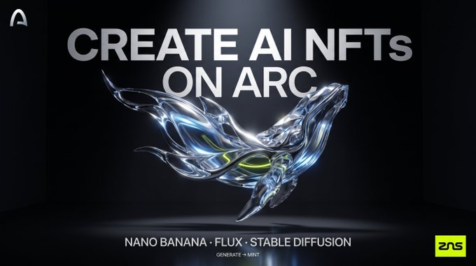 Promotional graphic for 'CREATE AI NFTs ON ARC' featuring a metallic sculpture and text listing 'NANO BANANA - FLUX - STABLE DIFFUSION' with 'GENERATE → MINT' below.