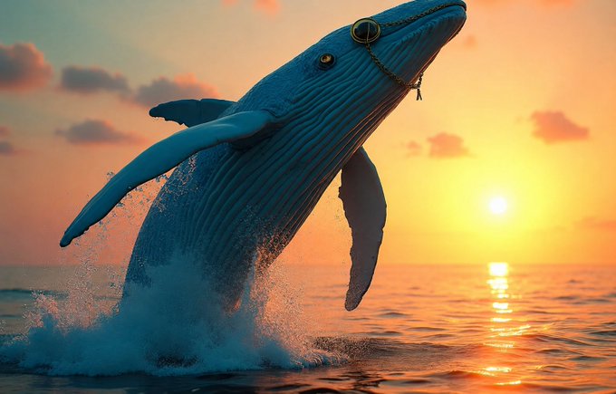 A massive blue whale adorned with a beaded necklace breaches dramatically from the ocean against a golden sunset, symbolizing the large-scale "whale" accumulation of 70 million XRP tokens as the cryptocurrency eyes a breakout amid shifting policy winds.