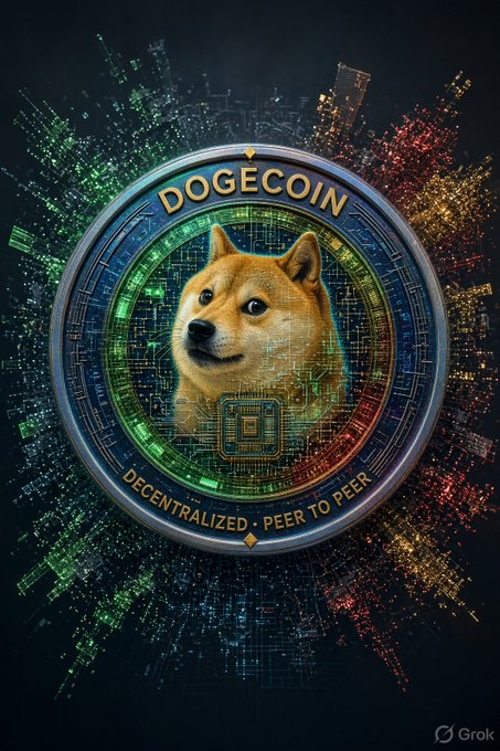 A digital artwork of a Dogecoin cryptocurrency coin featuring the iconic Shiba Inu dog face, with 'DOGECOIN' and 'DECENTRALIZED • PEER TO PEER' text, surrounded by colorful circuit-like particles.