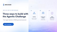 A promotional banner for Bricken titled 'BUILD WITH BRICKEN: Three ways to build with the Agentic Challenge,' featuring icons for identity, multi-asset digital finance, and tokenized real-world assets, with a 'Start building' button.