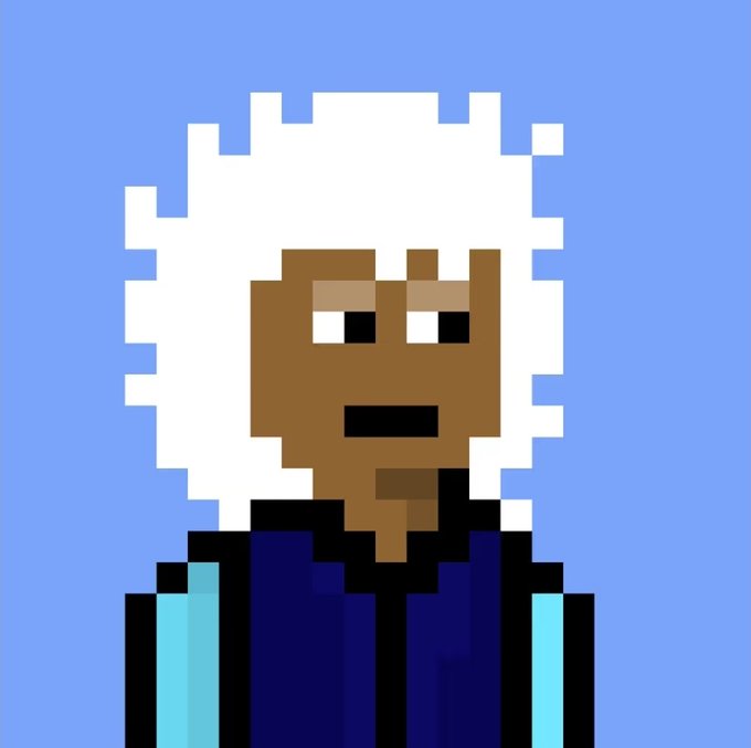 A pixel art portrait of a person with dark skin and a large white afro hairstyle wearing a dark blue jacket against a light blue background.