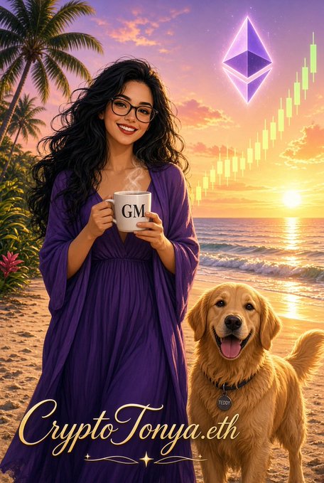A promotional-style illustration titled 'CryptoTonya.eth' showing a woman in a purple dress and glasses holding a 'GM' coffee mug on a sunset beach, with a golden retriever dog named 'TUDY' and an Ethereum logo with candlestick chart in the sky.