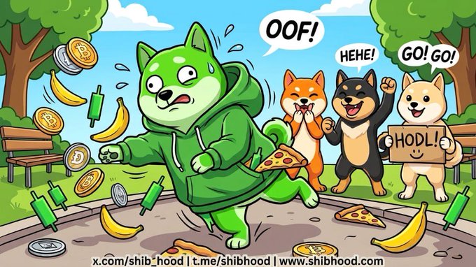 A cartoon illustration from shibhood.com showing a Shiba Inu in a green hoodie slipping on bananas while other Shiba Inus shout 'OOF!', 'HEHE!', 'GO! GO!', and 'HODL!', surrounded by crypto coins.