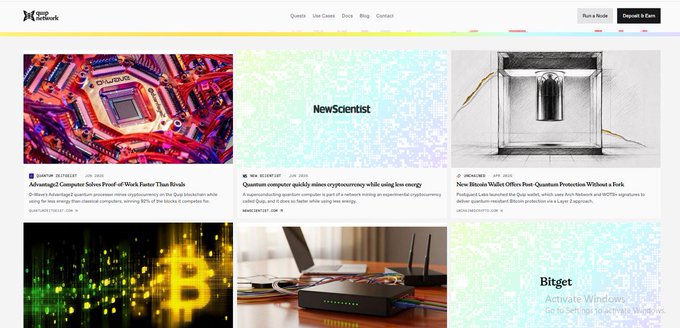The image shows the Quip Network press page, featuring a grid of recent media coverage articles, including a highlighted New Scientist article titled "Quantum computer quickly mines cryptocurrency while using less energy," dated Jan 18, 2025, about D-Wave's Advantage2 quantum processor solving a petallm mining on the Quip blockchain while using far less energy than classical computers, earning 95% of the blocks.
