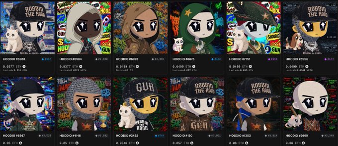 A grid of 10 cartoon-style avatars labeled "HOODIO" with identifiers like #6853, #6884, and #2869, each priced between 0.048 and 0.13 ETH, visually representing the $HOODIO NFT collection tied to the Robinhood Chain culture mentioned in the post.