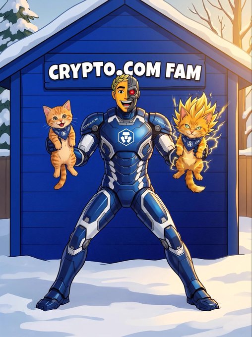 A cartoon superhero in a blue Crypto.com suit with a red glowing eye stands in front of a blue building labeled 'CRYPTO.COM FAM', holding a normal orange cat and a Super Saiyan-style cat with spiky blonde hair and lightning effects.