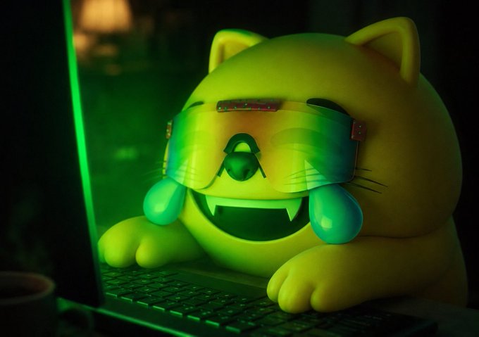 A 3D-rendered yellow cartoon cat with fangs wearing reflective goggles and headphones, typing on a laptop keyboard illuminated by green light.