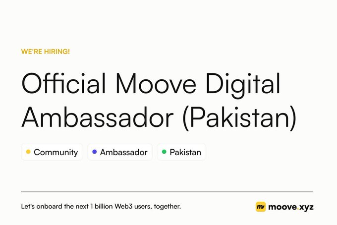 A job announcement graphic reads 'Official Moove Digital Ambassador (Pakistan)' with tags for 'Community', 'Ambassador', and 'Pakistan', featuring the 'moove xyz' logo and the tagline 'Let's onboard the next 1 billion Web3 users, together.'