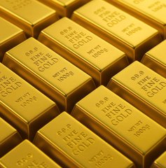 A stack of gold bars stamped with '999.9 FINE GOLD' and 'NET WT 1000g' arranged in neat rows.