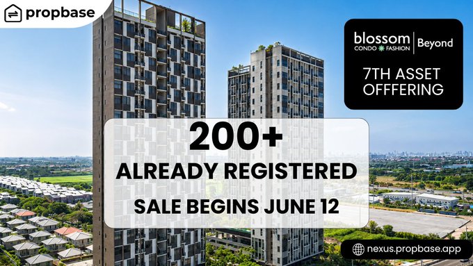 The image features a city skyline with tall buildings, including one that appears to be a property development company named "Blossom". The text on the image reads "200+ already registered sale begins June 12th 11:00 AM UTC", indicating an upcoming event or promotion related to real estate. The post also mentions that there is a 7th asset offering by Blossom Beyond, which could potentially be a residential or commercial property development company.